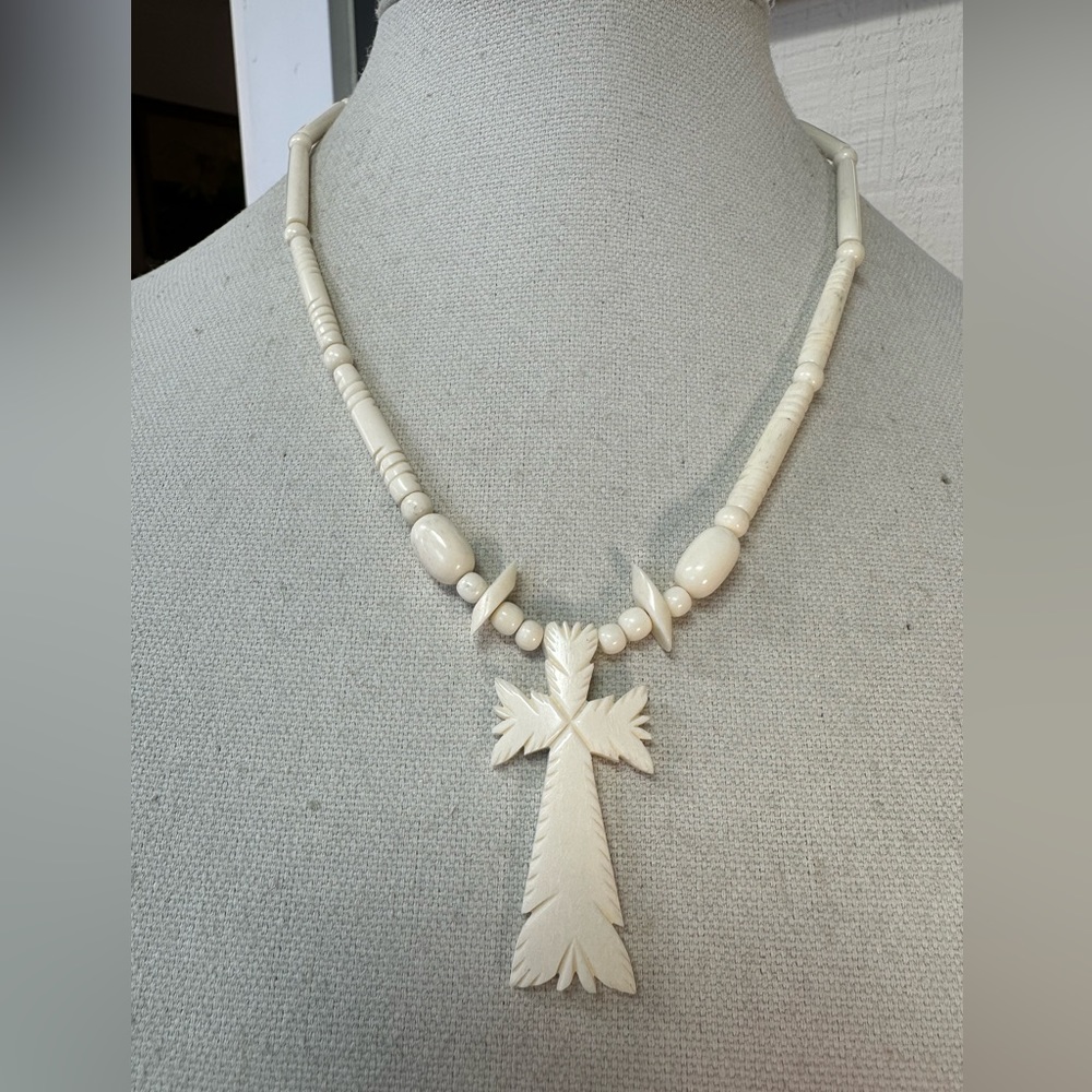 Old Carved bone cross necklace